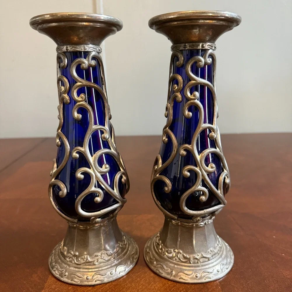 Vtg Cobalt Blue Glass Cased Vine Scroll Metal Pillar Candle Holder Set 2‎ Read
